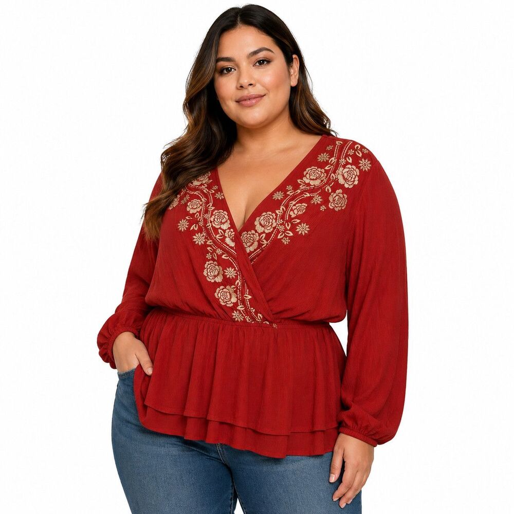Savanna Jane Blouse Womens 1X Red Embroidered V Neck Long Sleeve Peplum Top Boho